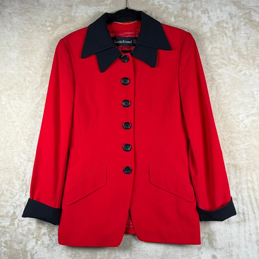 Louis Feraud Vintage Red Wool Blazer Black Trim Made in W Germany Size 8 Classic